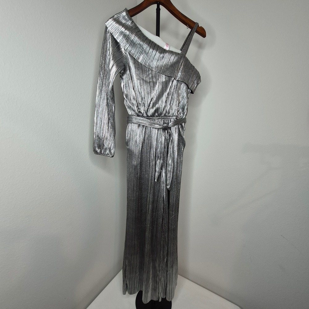 Justice Girls Silver Metallic Plisse Jumpsuit One Shoulder Party Outfit XL 16/18